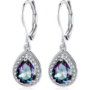 Halo Sparkle Purple Teardrop Leverback Earrings for Women 18K White Gold Plated